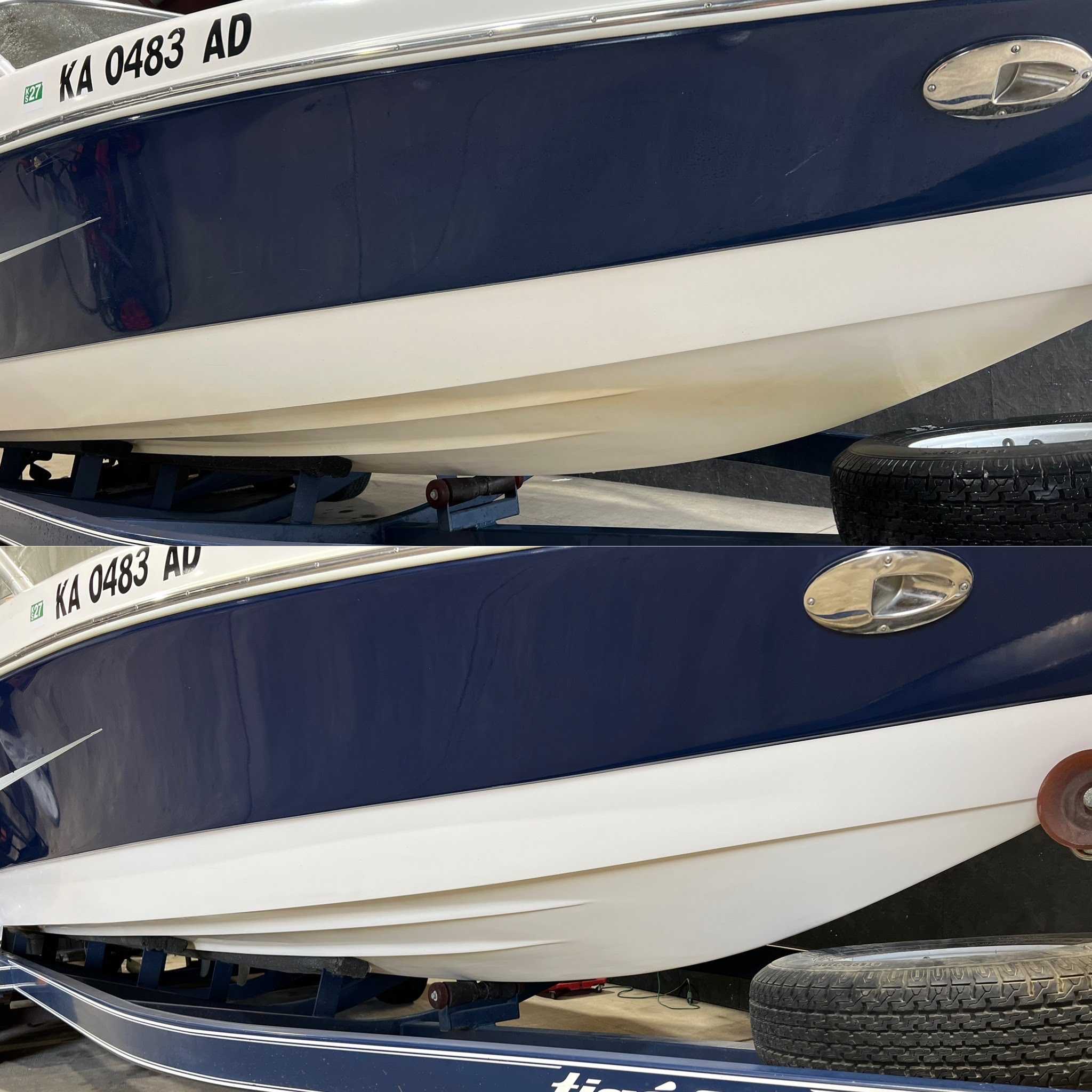 Boat hull paint correction before and after - oxidized blue and white hull polished and restored to deep gloss, Premier Auto Detailing Salina KS