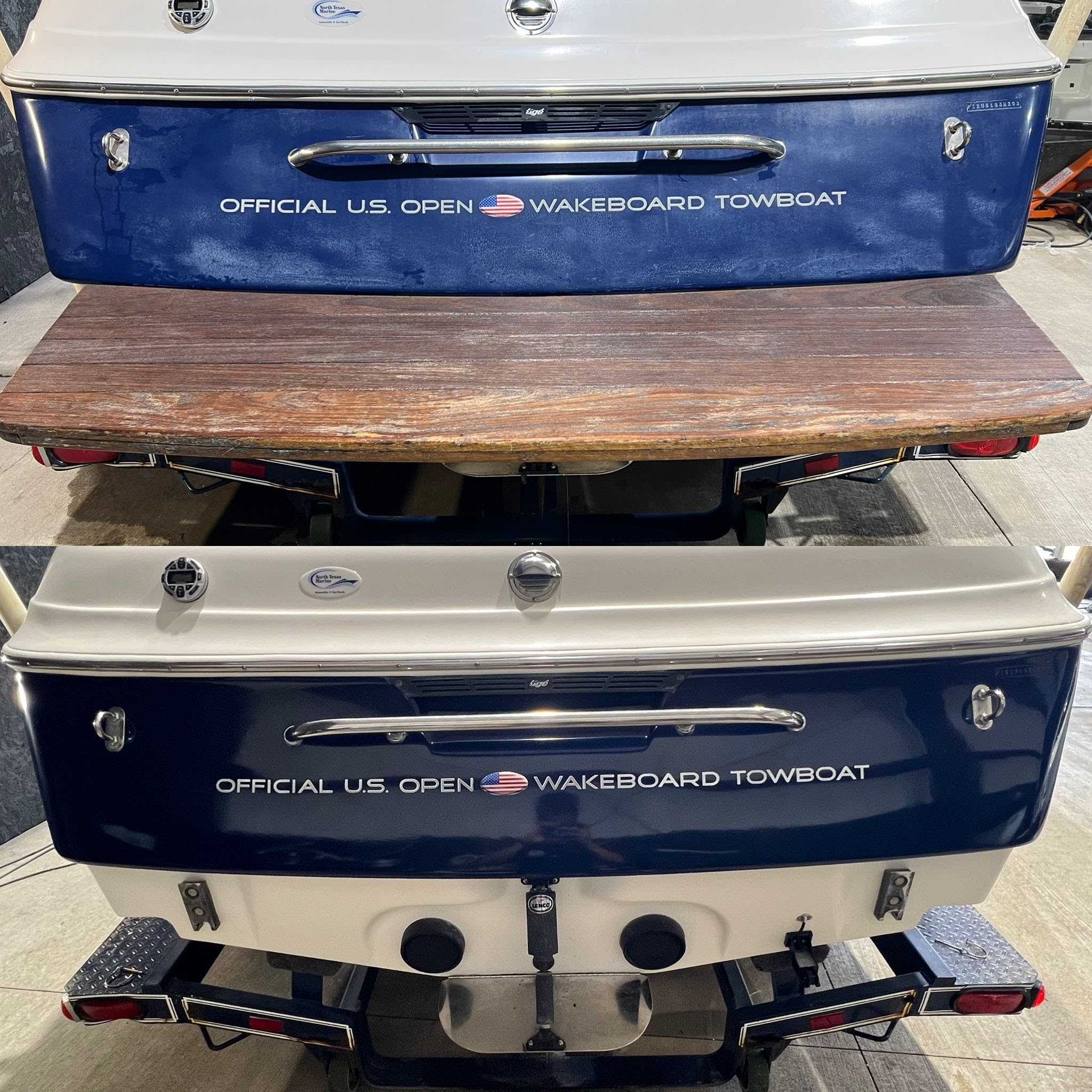 Boat transom detailing before and after - rear hull and teak deck cleaned and polished to a shine, Premier Auto Detailing Salina KS