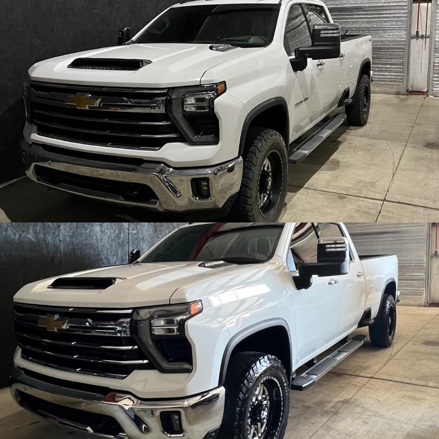 Exterior detailing before and after on a white Chevy Silverado, Premier Auto Detailing Salina KS