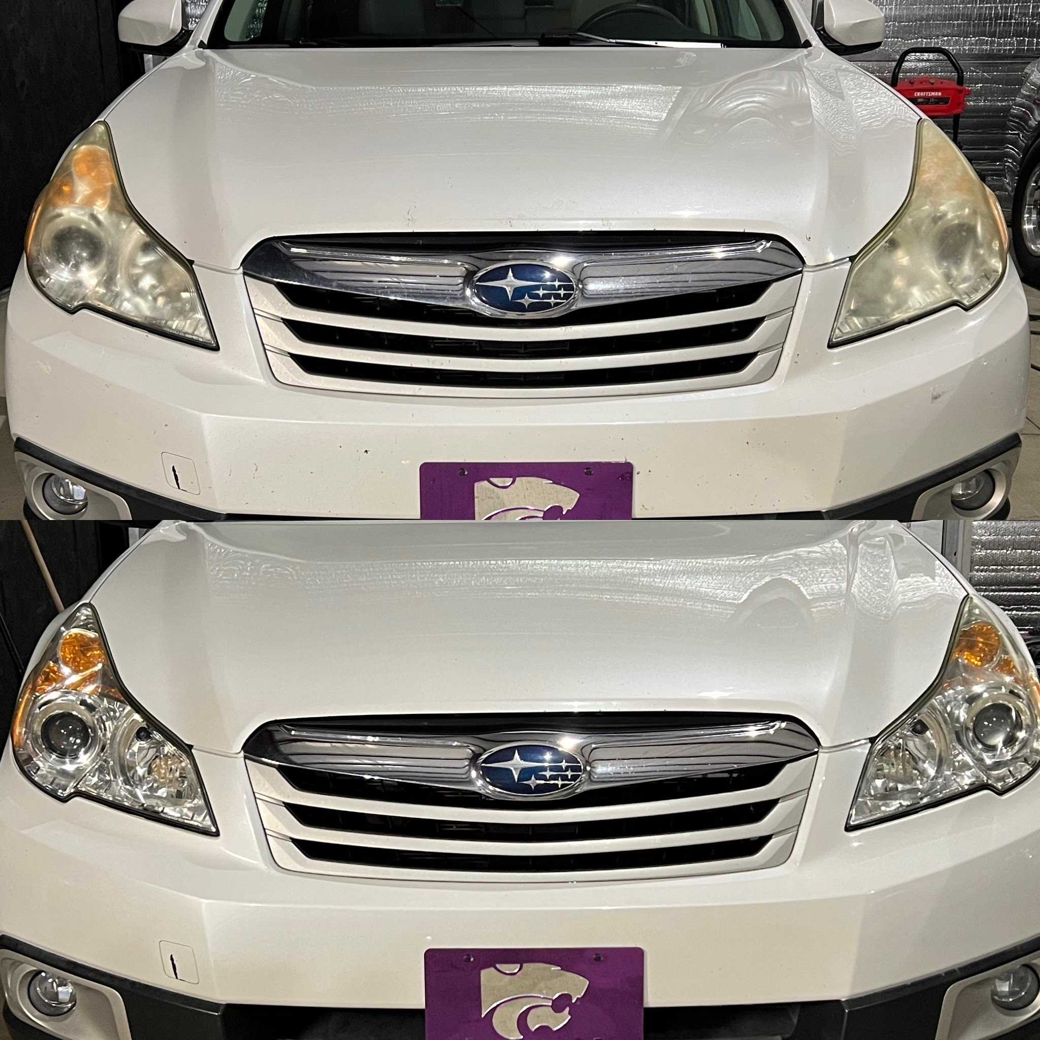 Headlight restoration before and after - white Subaru Outback full front, hazy yellowed headlights restored to clear, Premier Auto Detailing Salina KS