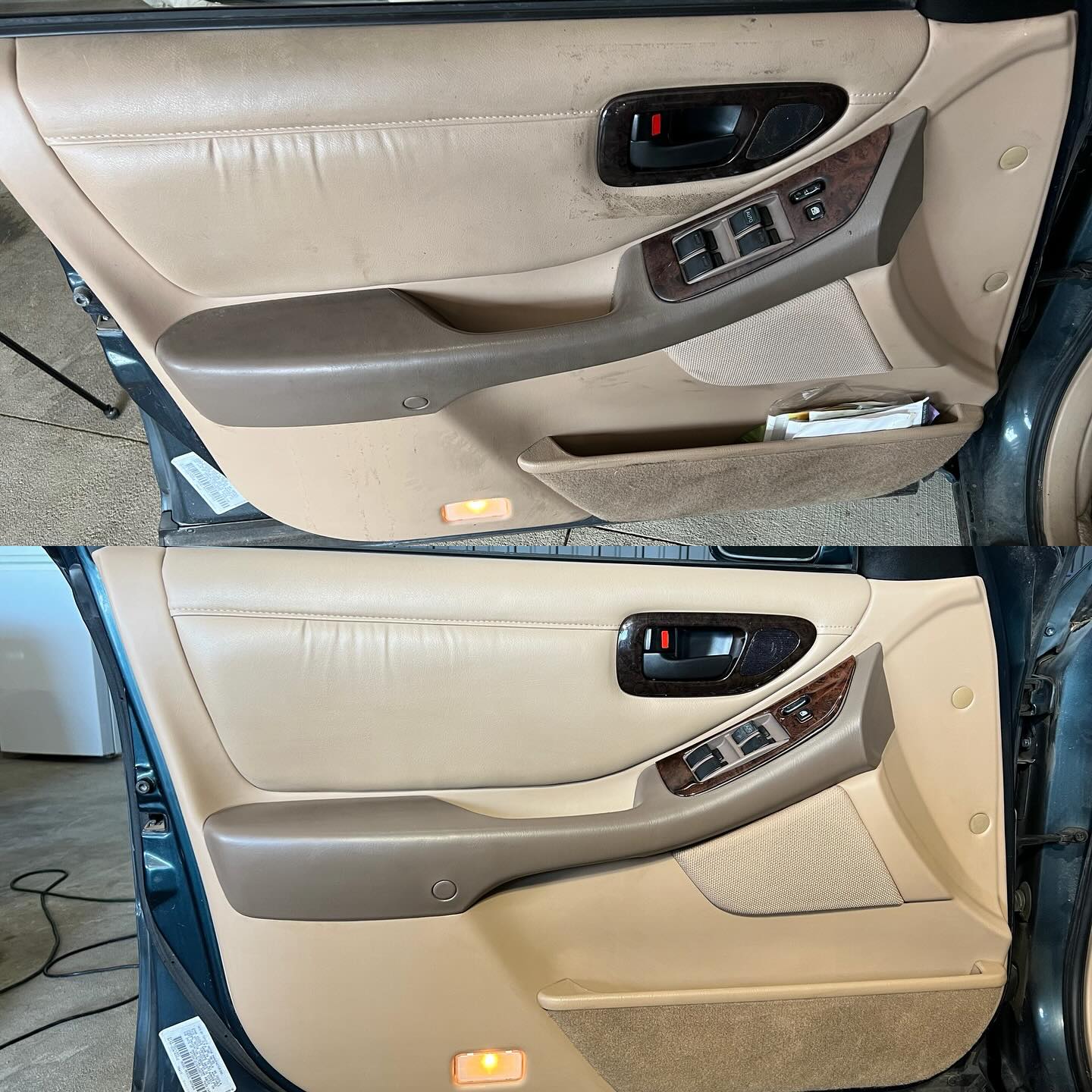 Interior detailing before and after - tan leather door panel cleaned and conditioned, Premier Auto Detailing Salina KS