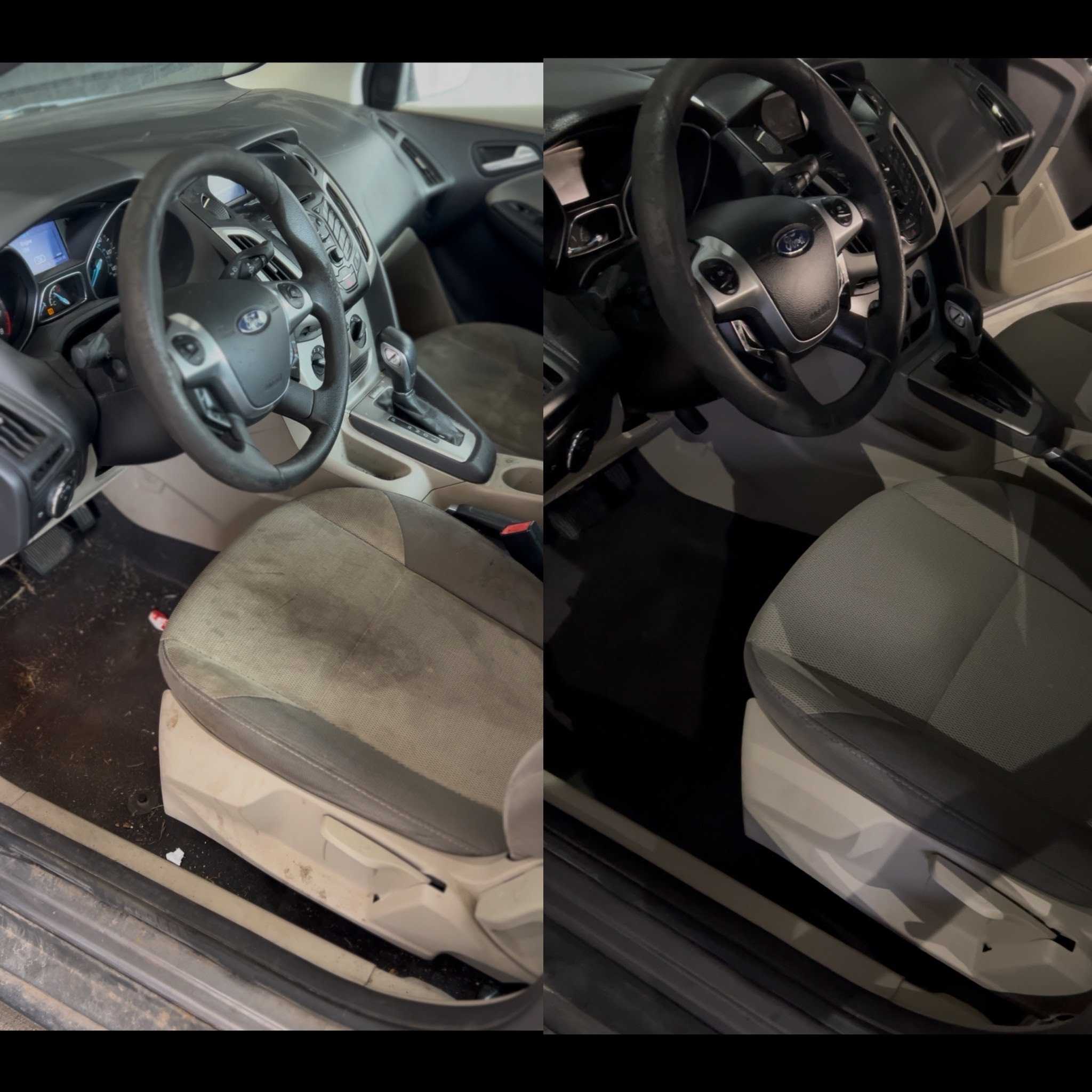 Interior detailing before and after - Ford Focus dirty seat and floor carpet fully deep cleaned, Premier Auto Detailing Salina KS