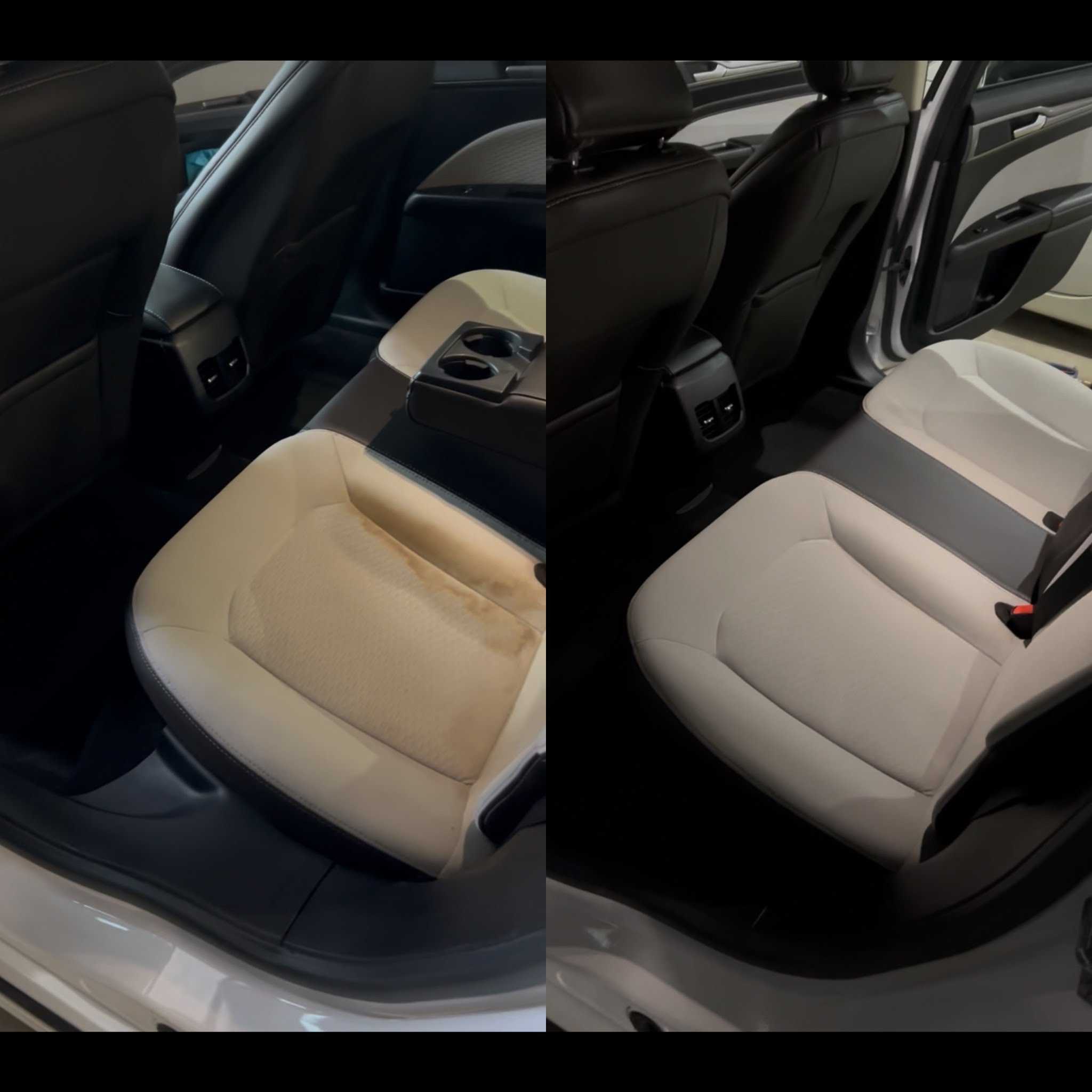 Interior detailing before and after - sedan rear fabric seat stain extracted and fully restored to clean, Premier Auto Detailing Salina KS